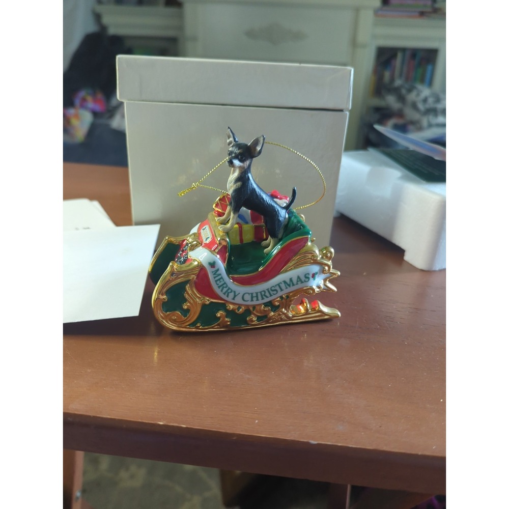 Vintage Danbury Mint 2006 "Santa's Helper" Chihuahua Dog in Sled w/ Box